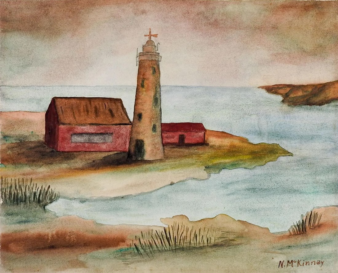 Mid 20th Century Folk Art Lighthouse Watercolor Painting: Watercolor on paper of lighthouse. Signed N. McKinney lower right corner. Unframed, tape residue on back edges. Condition: Alterations: Original Condition Unaltered Imperfections: Some Imperfections