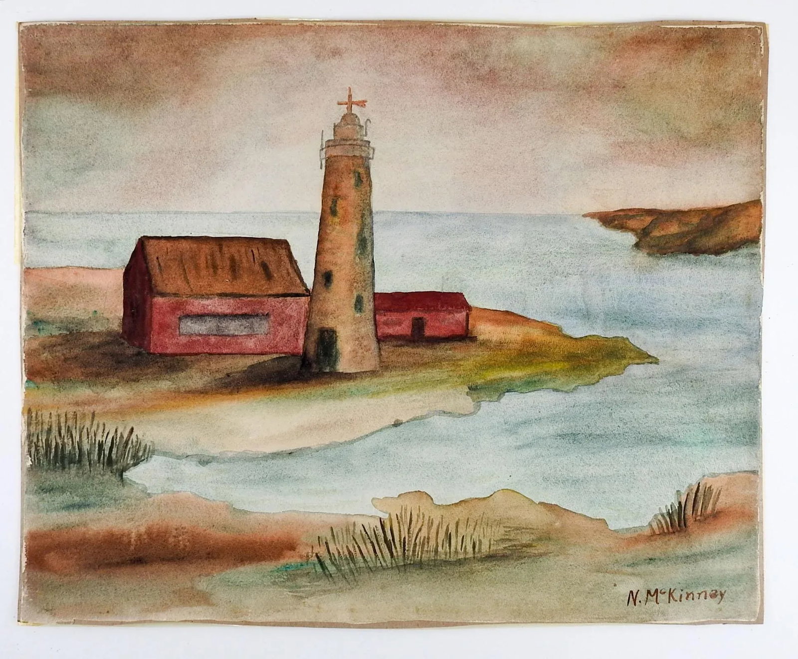 Mid 20th Century Folk Art Lighthouse Watercolor Painting - 2