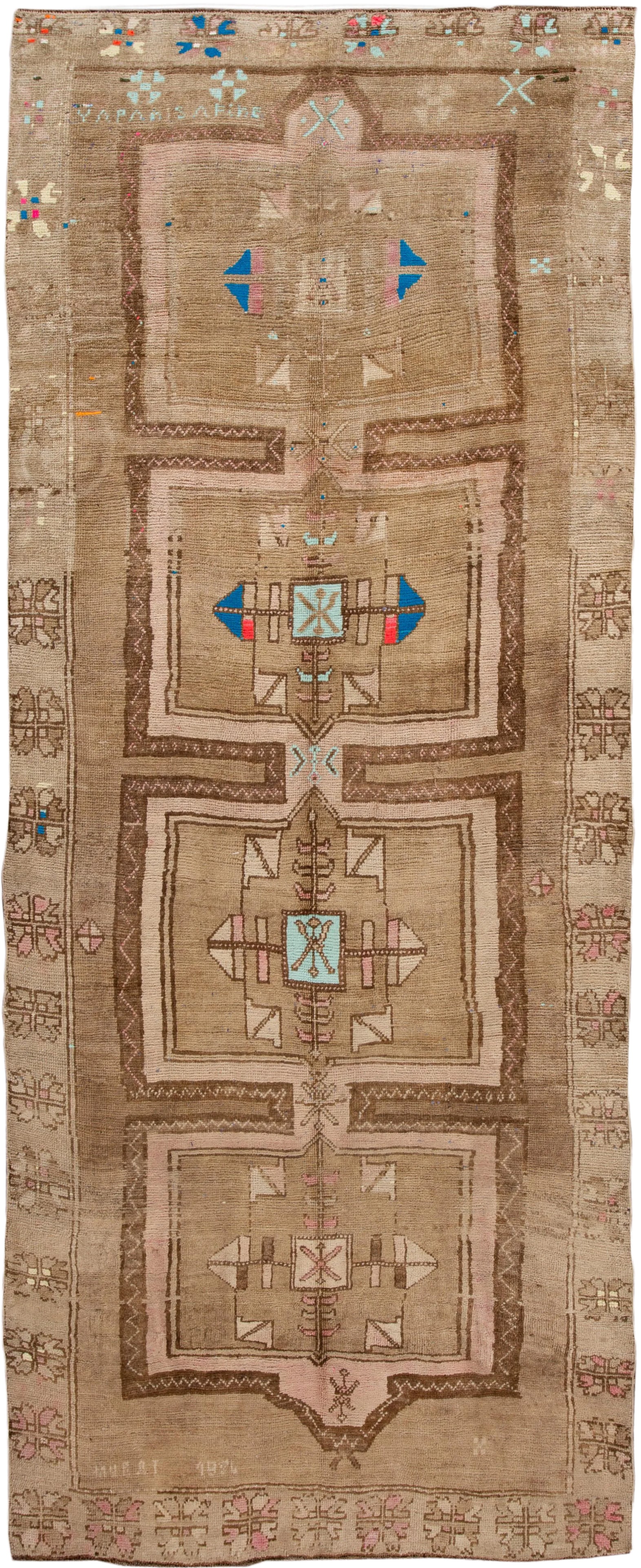 Mid-Century Vintage Kars Runner Wool Rug: Beautiful Vintage Turkish Kars Rug, hand-knotted wool with a brown field, tan and multicolor accents in allover multi medallion design. This rug measures 5' 7" x 13' Condition: Alterations: Original