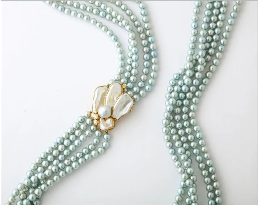 Kai-Yin Lo 5 Strand Cultured Pearl Necklace 14 Kt Gold and Diamond Clasp - 10