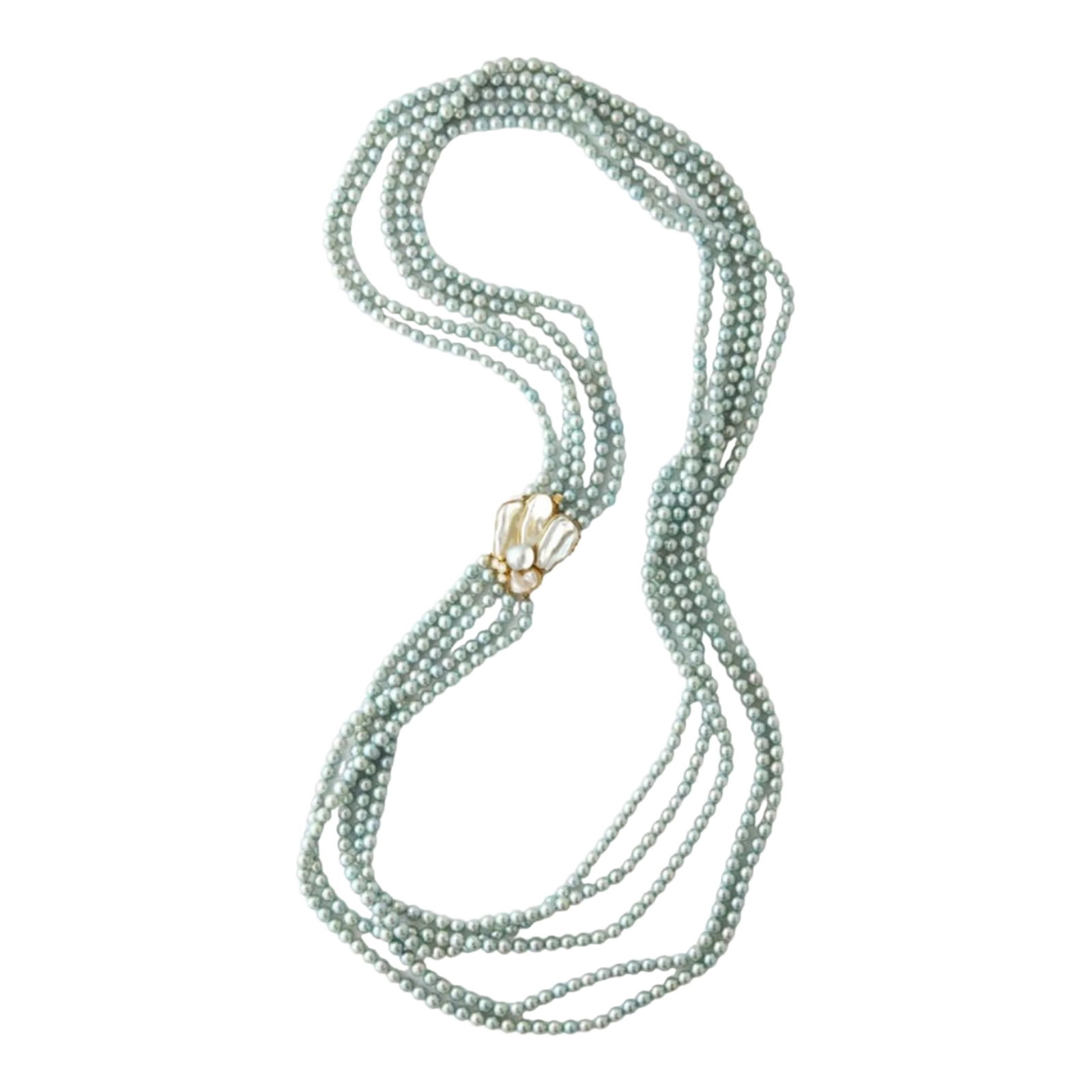 Kai-Yin Lo 5 Strand Cultured Pearl Necklace 14 Kt Gold and Diamond Clasp: Signed Kai-Yin Lo - Necklace of 5 strands of nesting grey pearls. The Hand-made clasp set with grey cultured pearl - Blister-Pearl Pearls and 3 full-cut Diamonds marked 585 - equivalent of 14k.