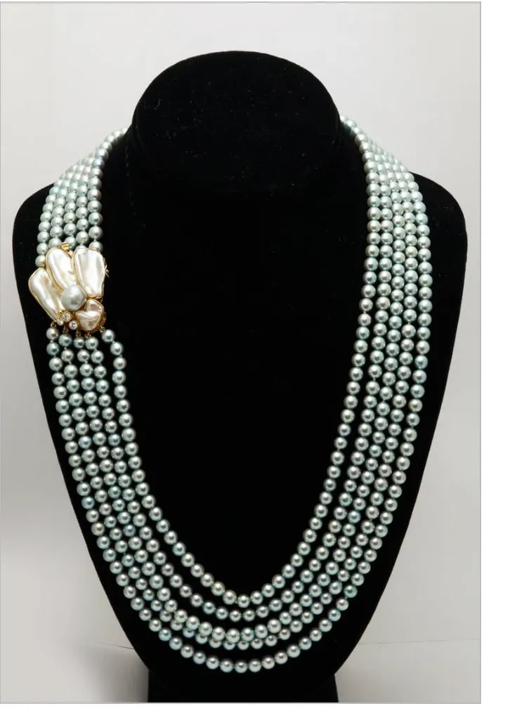 Kai-Yin Lo 5 Strand Cultured Pearl Necklace 14 Kt Gold and Diamond Clasp - 3