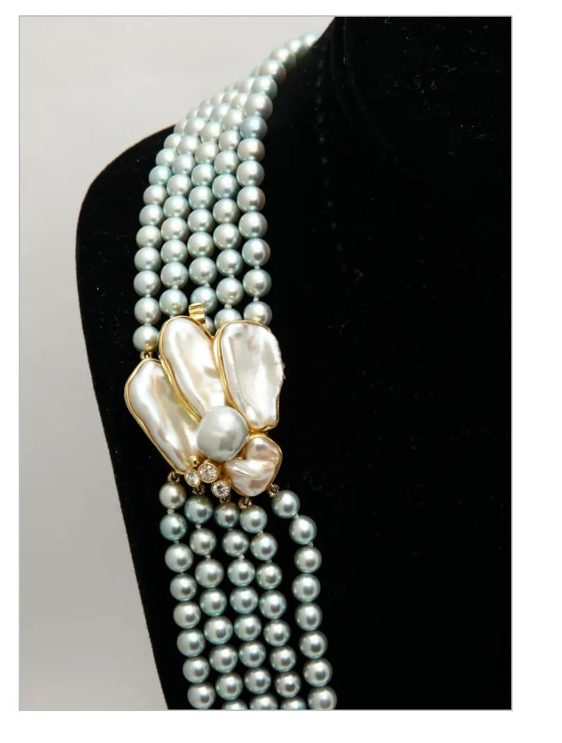 Kai-Yin Lo 5 Strand Cultured Pearl Necklace 14 Kt Gold and Diamond Clasp - 4