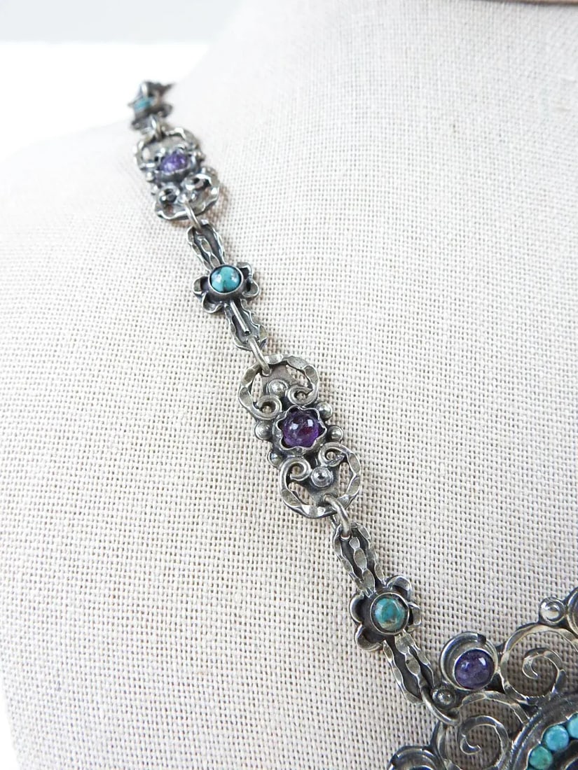 Vintage Morales Matl Style Sterling Amethyst Turquoise Coral Necklace - 7