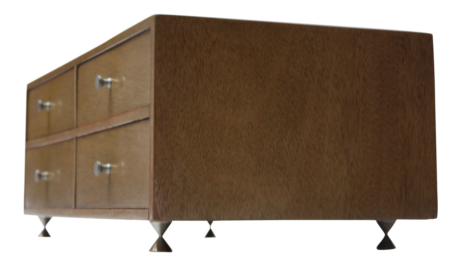 American of Martinsville Jewelry Cabinet: Originally designed in the 1950s by American of Martinsville as the smaller 'chest-on-chest' component to sit atop the corresponding sideboard, this piece can be used to hold smaller linens, napkin