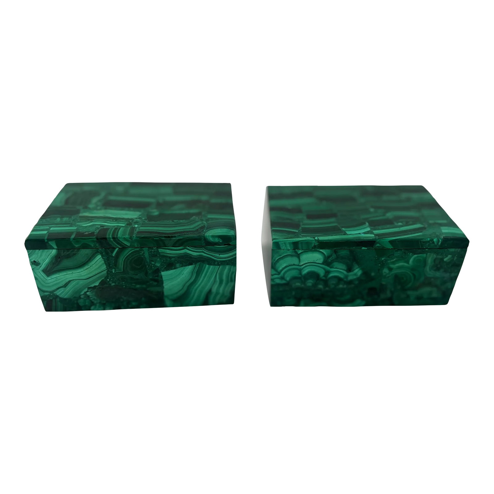 Vintage Pair of Malachite Gemstone Lidded Boxes: Probably Italian, 20th century. A pair of malachite boxes, with matched gemstone across the surfaces. Unmarked. Condition: Alterations: Original Condition Unaltered Imperfections: Some Imperfections
