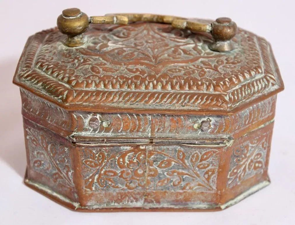 Handcrafted Antique Tinned Copper Metal Betel Box, India - 11