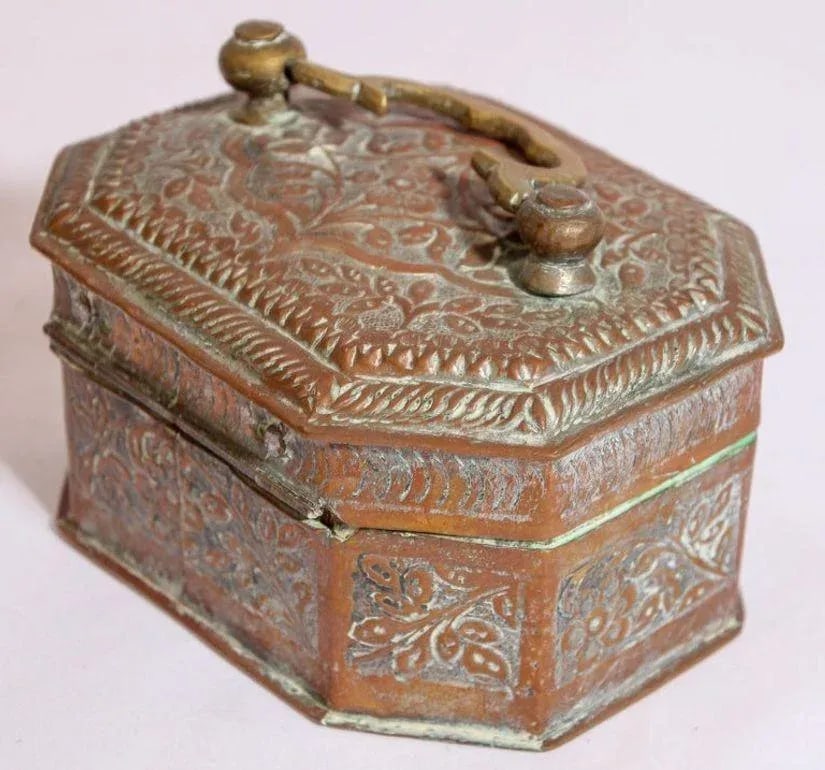 Handcrafted Antique Tinned Copper Metal Betel Box, India - 12