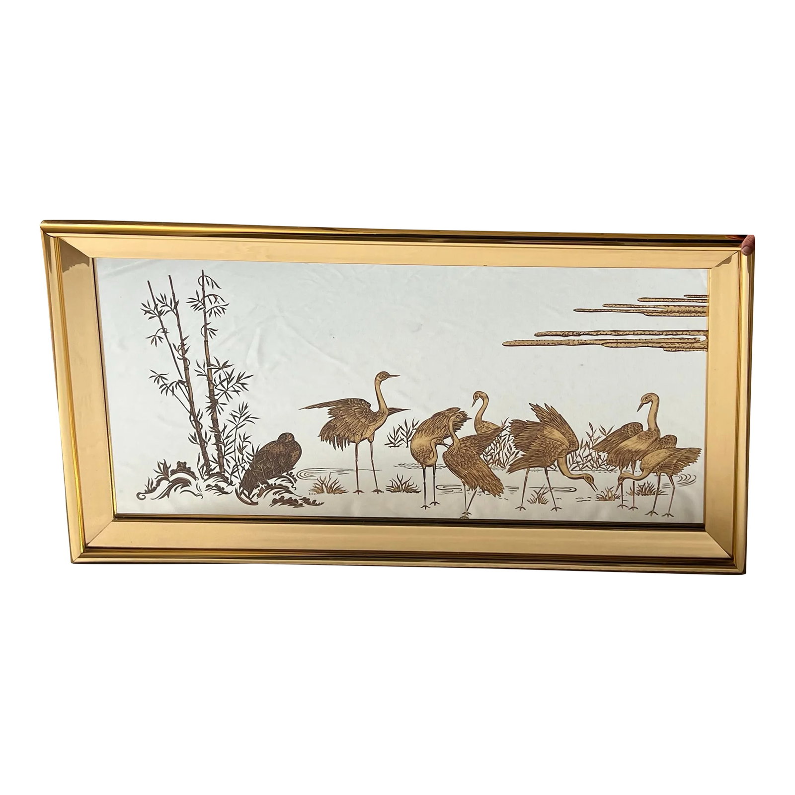 Vintage Hollywood Regency Chinoiserie Gold Etched Wall Mirror With Cranes: Elevate your interior decor with our stunning Vintage Hollywood Regency Asian Wall Mirror, featuring exquisite gold etched cranes that embody elegance and sophistication. This remarkable piece exempli