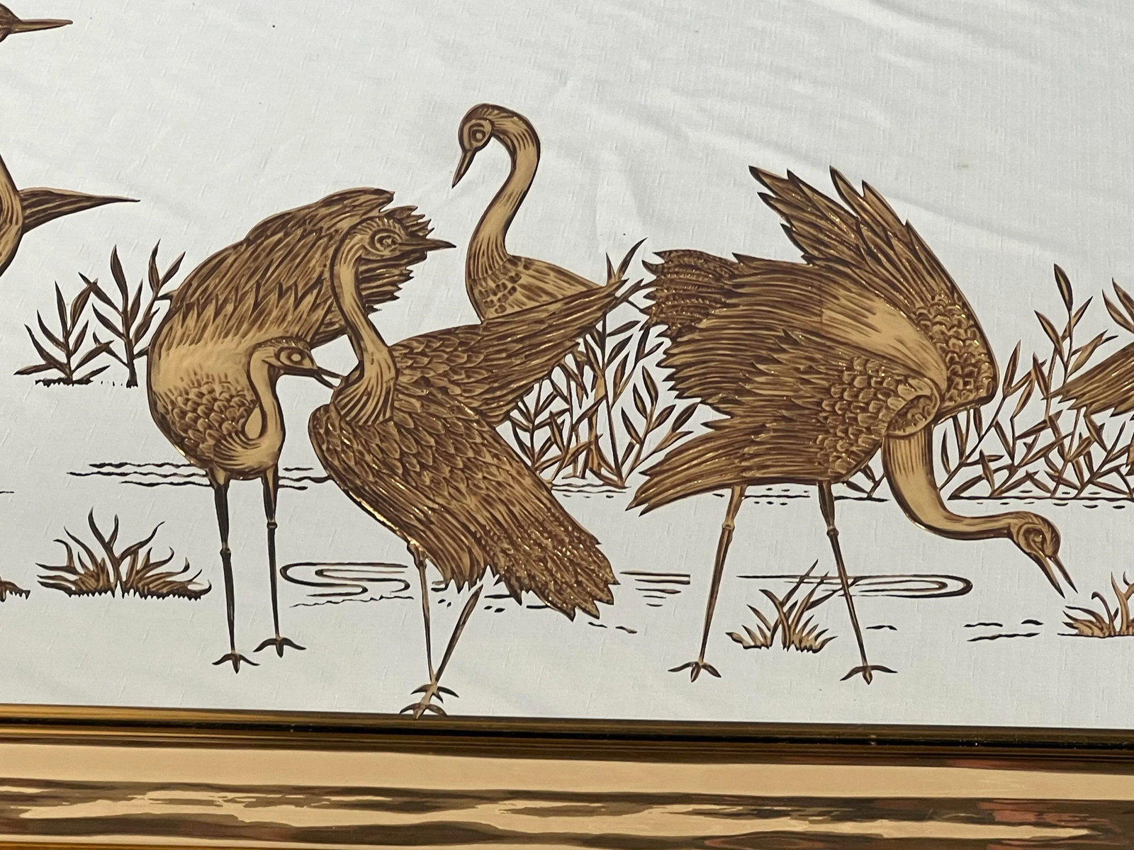 Vintage Hollywood Regency Chinoiserie Gold Etched Wall Mirror With Cranes - 4