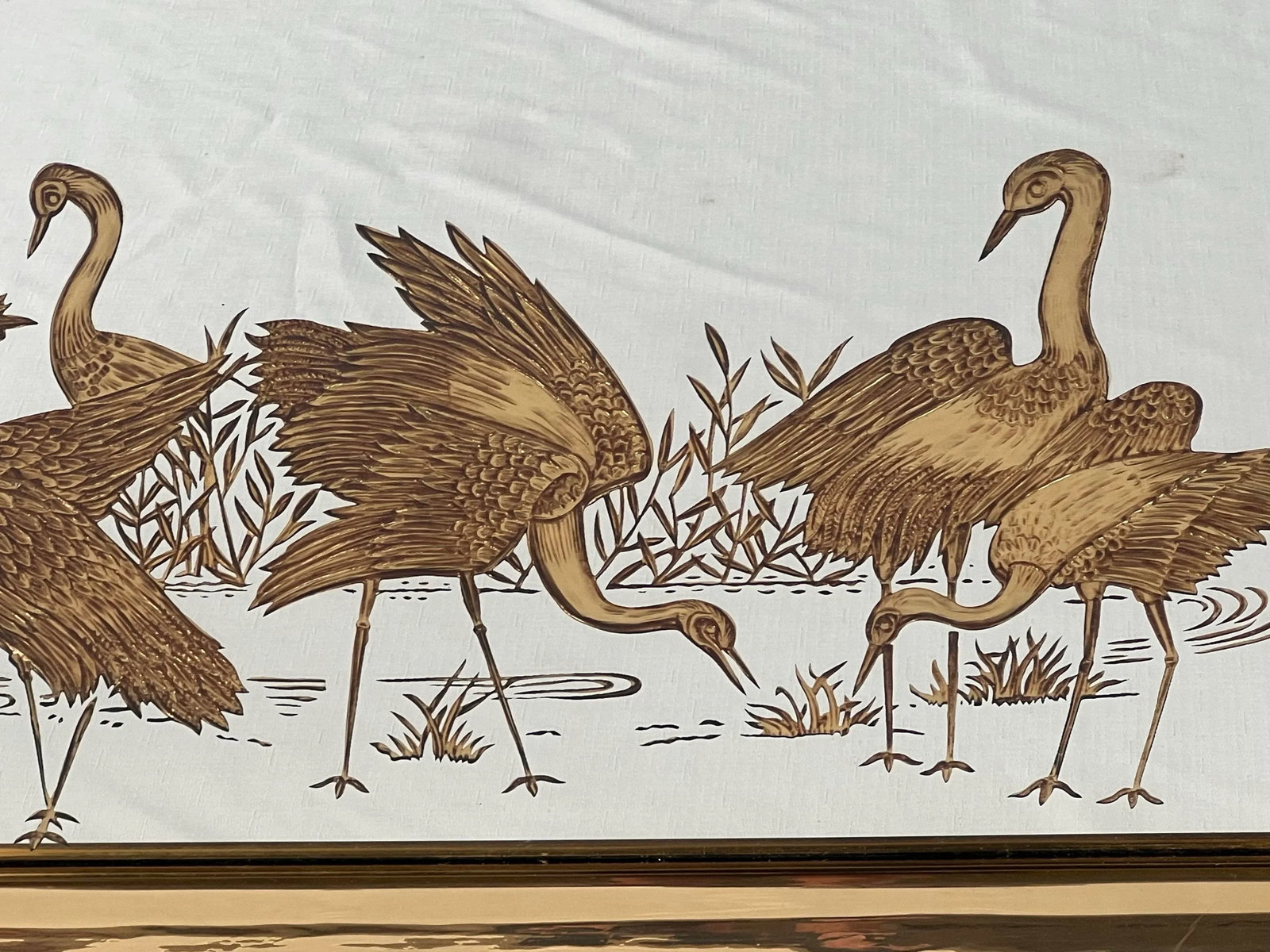 Vintage Hollywood Regency Chinoiserie Gold Etched Wall Mirror With Cranes - 5