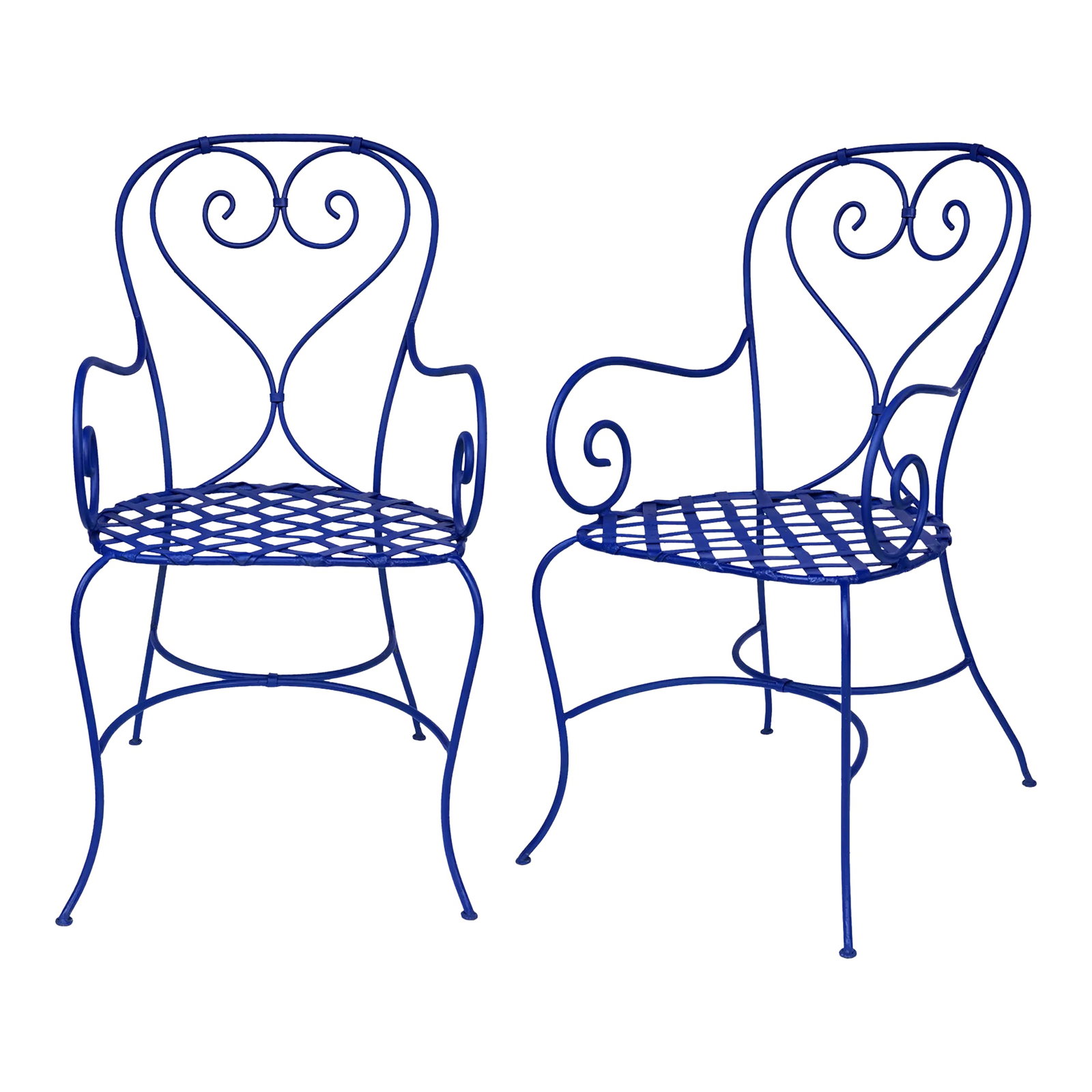 Late 20th Century Wrought Iron Garden Chairs in Marjorelle Blue - Set of 2: A Pair of Vintage Hand Crafted Wrought Iron Garden Armchairs; French Design, newly painted in Vibrant Marjorelle Blue. (Similar to Cobolt Blue) The back is in a heart shape and the seat is created fro