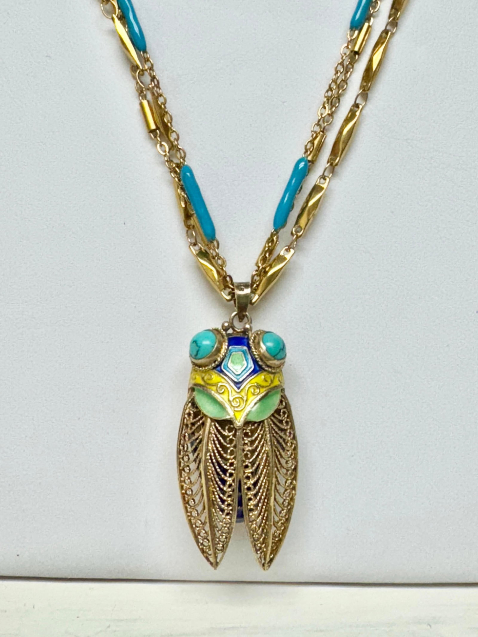 Vintage Enameled Cicada Perfume Holder Pendant With Necklace - 10