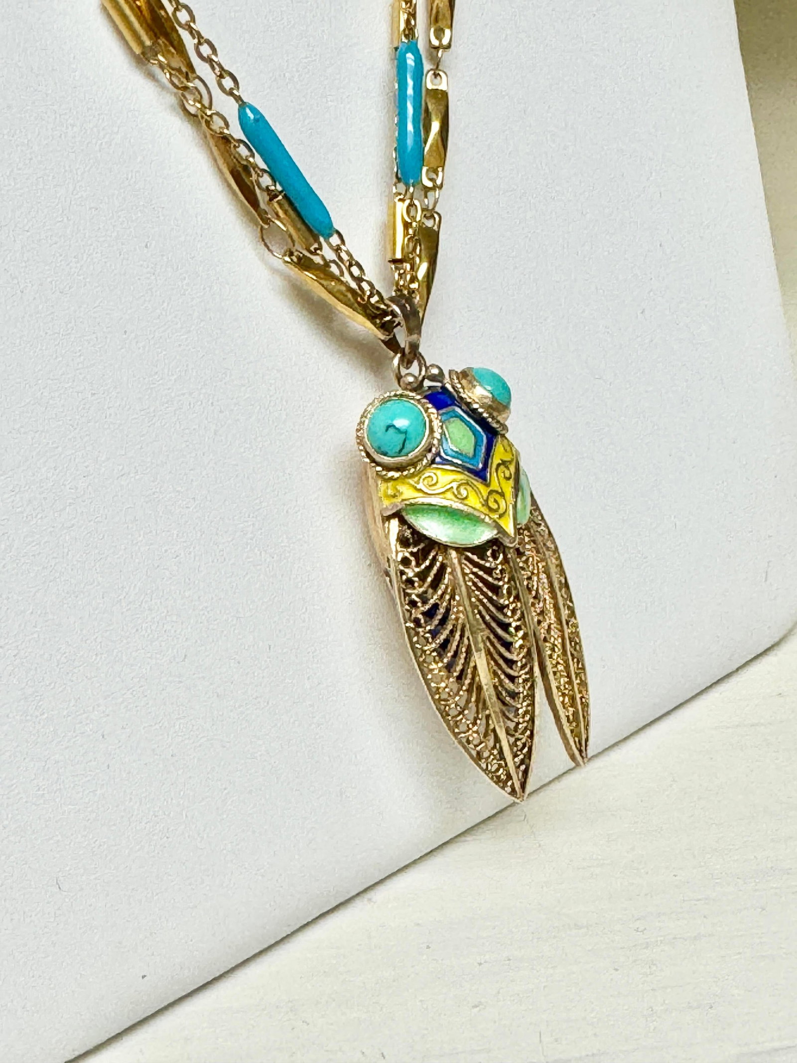 Vintage Enameled Cicada Perfume Holder Pendant With Necklace - 11