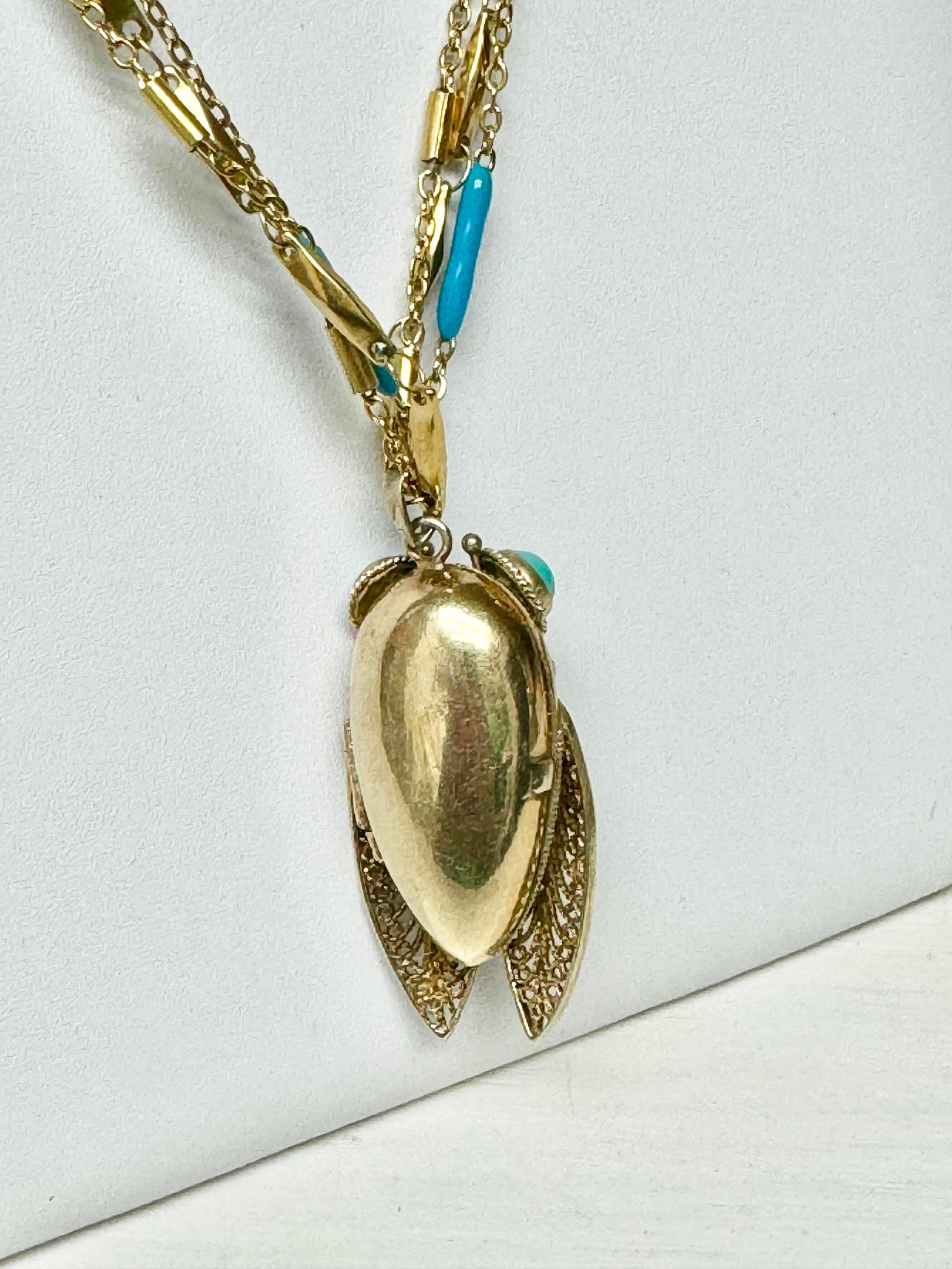 Vintage Enameled Cicada Perfume Holder Pendant With Necklace - 12