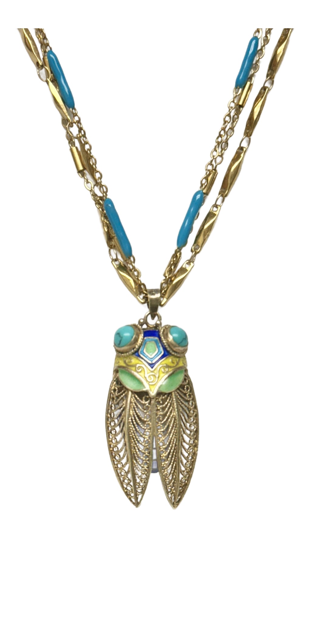 Vintage Enameled Cicada Perfume Holder Pendant With Necklace: Stunning vintage cicada pendant and necklace. Features a vintage cicada perfume holder pendant, with filigree and enamel detailing. Sterling Silver Gold Gilt Enamel Turquoise Cicada Perfume Locket Pen