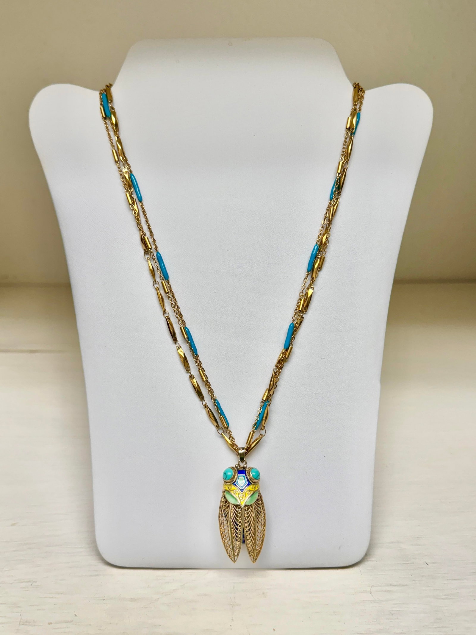 Vintage Enameled Cicada Perfume Holder Pendant With Necklace - 2