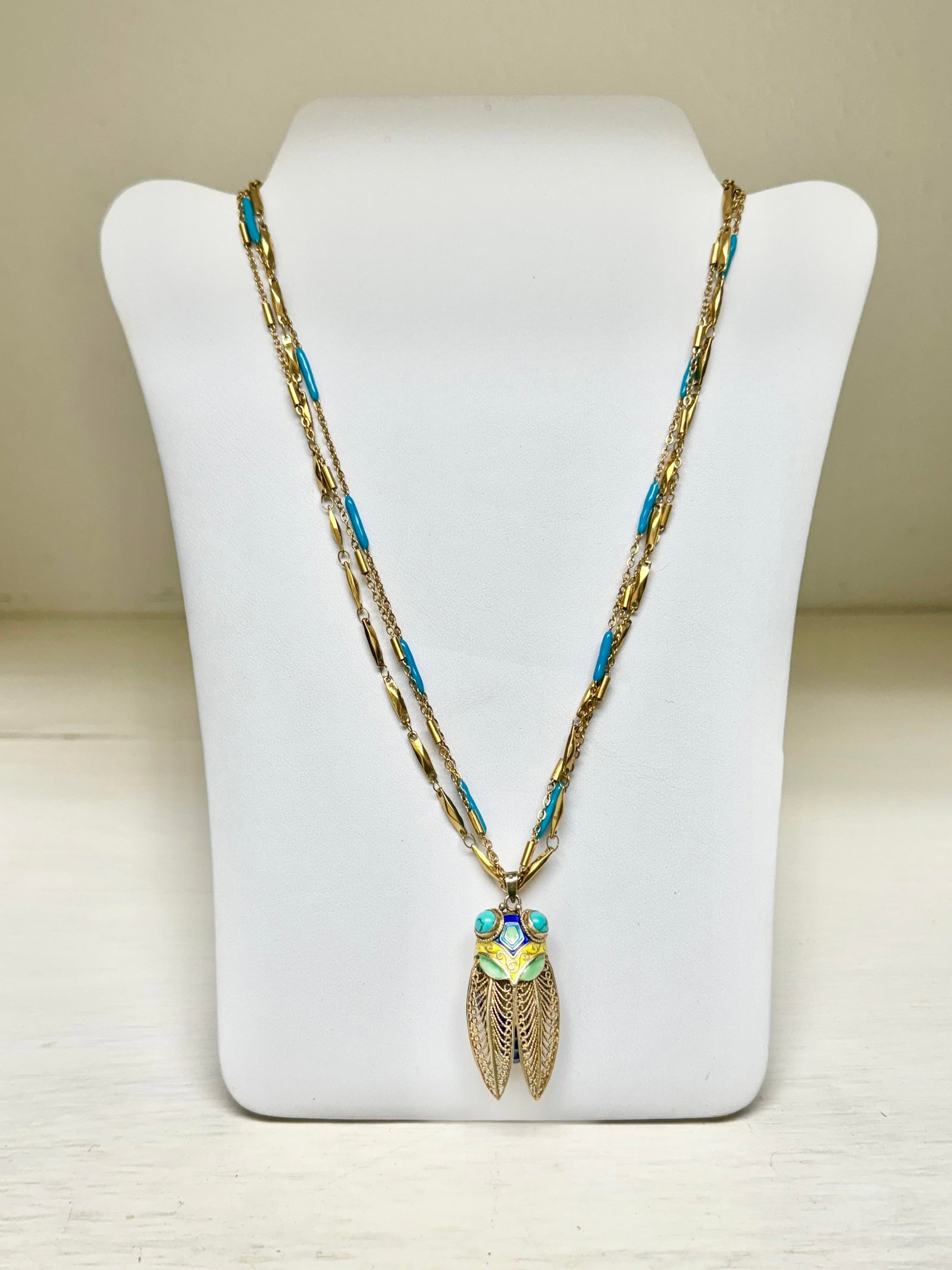 Vintage Enameled Cicada Perfume Holder Pendant With Necklace - 3