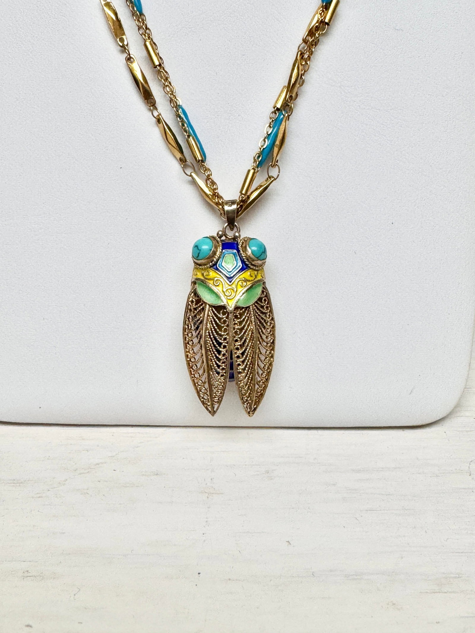 Vintage Enameled Cicada Perfume Holder Pendant With Necklace - 4