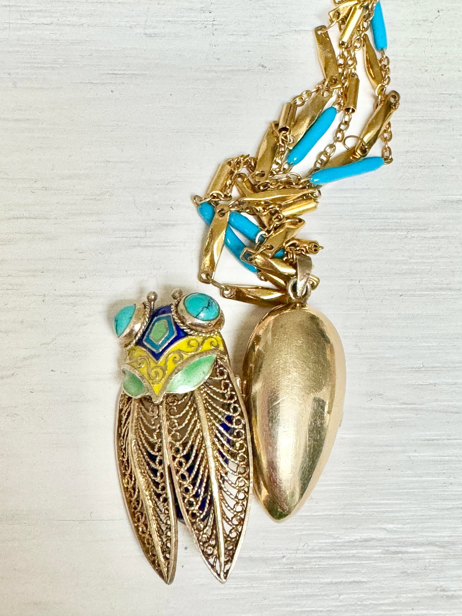 Vintage Enameled Cicada Perfume Holder Pendant With Necklace - 9