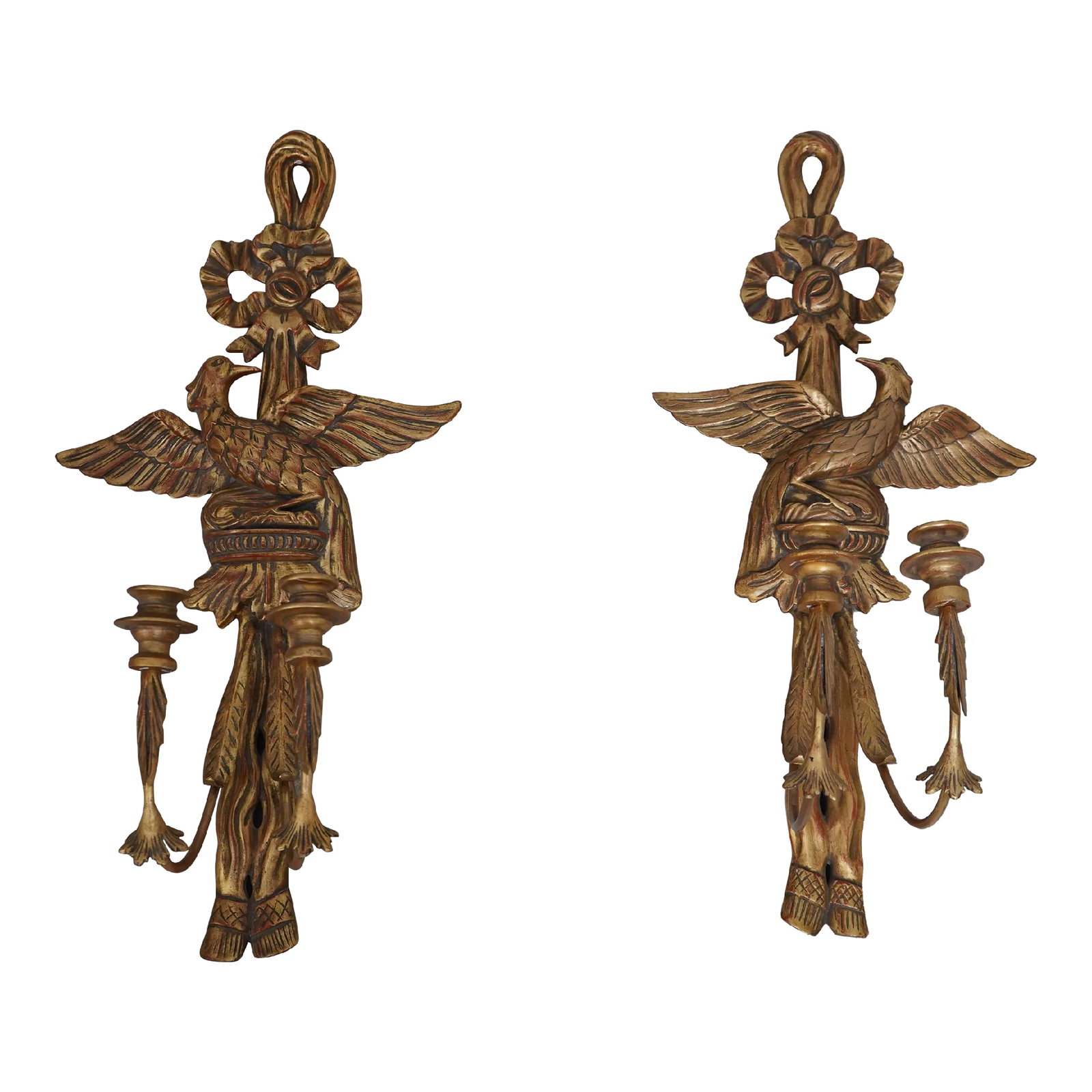Pair Federal Style Gold Finish Eagle Candelabras: Age: Approx: 25 Years Old Details: Nice Gold Finish Quality Construction Federal Style Condition: Excellent Original Finish & Condition Size: 14w x 12d x 30h Condition: Alterations: Original