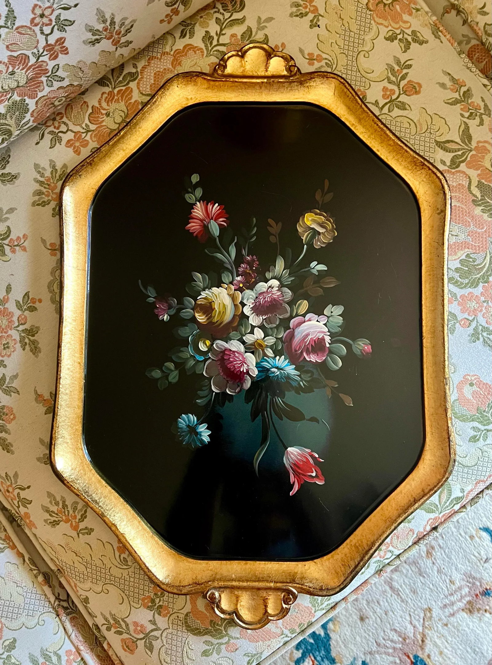 Vintage Bergdorf Goodman Italian Florentine Hand-Painted Tray Floral Design Decor - 10