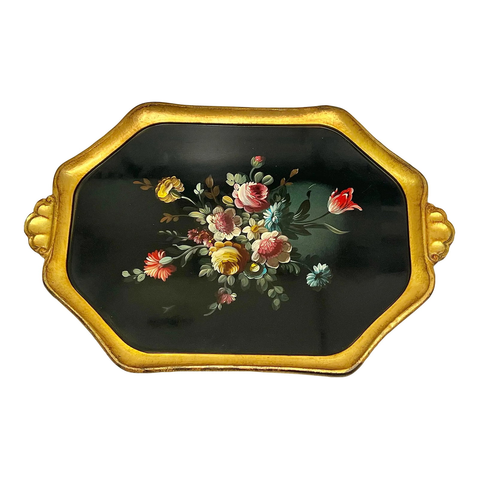 Vintage Bergdorf Goodman Italian Florentine Hand-Painted Tray Floral Design Decor: Elevate your dining experience with our Vintage Bergdorf Goodman Large Florentine Hand Painted Floral Pattern Italian Serving Tray. This exquisite piece showcases a stunning hand-painted floral design