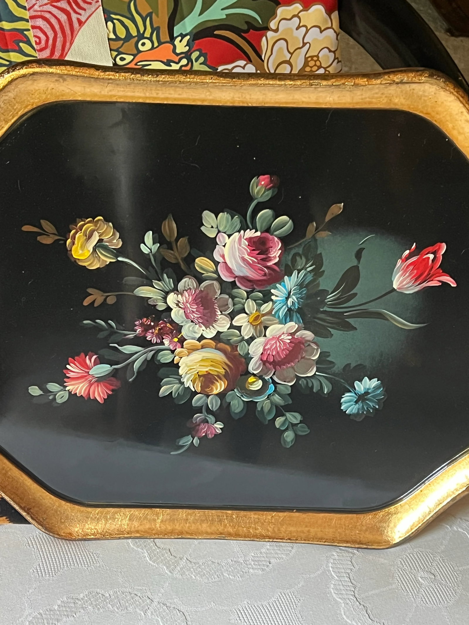 Vintage Bergdorf Goodman Italian Florentine Hand-Painted Tray Floral Design Decor - 9