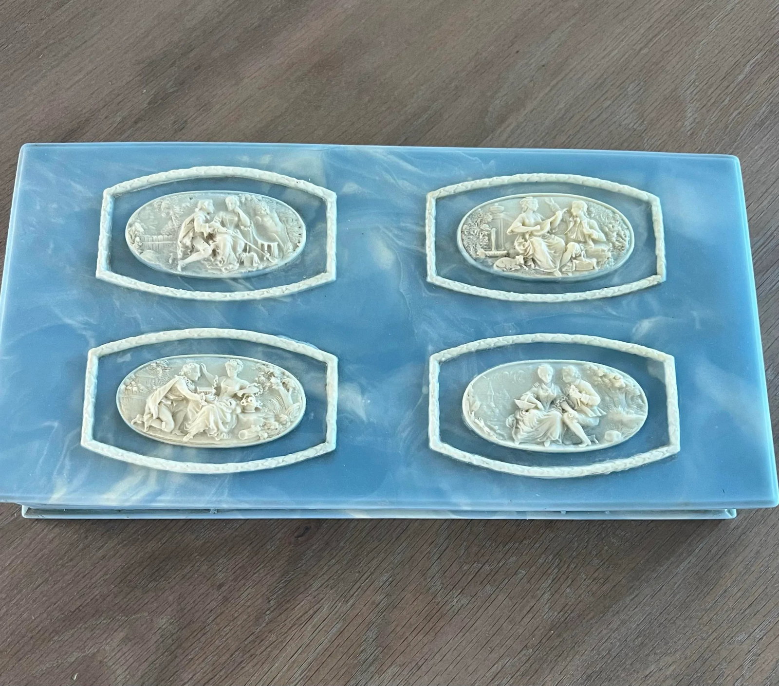 1960s Vintage Blue Marbled Incolay Large Stone Jewelry Box With Raised Relief Cameos of Lovers Court - 2
