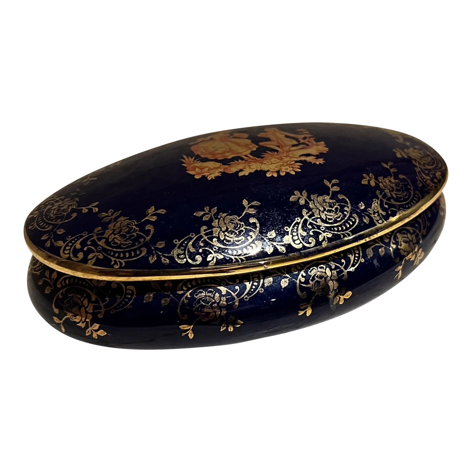 1950s Limoges Cobalt Blue Gold Porcelain Oval Dish France: AMBIANIC presents Vintage Limoges covered Porcelain Dish France Cobalt Blue and Gold 2 h x 5.75 w x 3.75 d Original vintage condition Refer to images Condition: Alterations: Original Condition