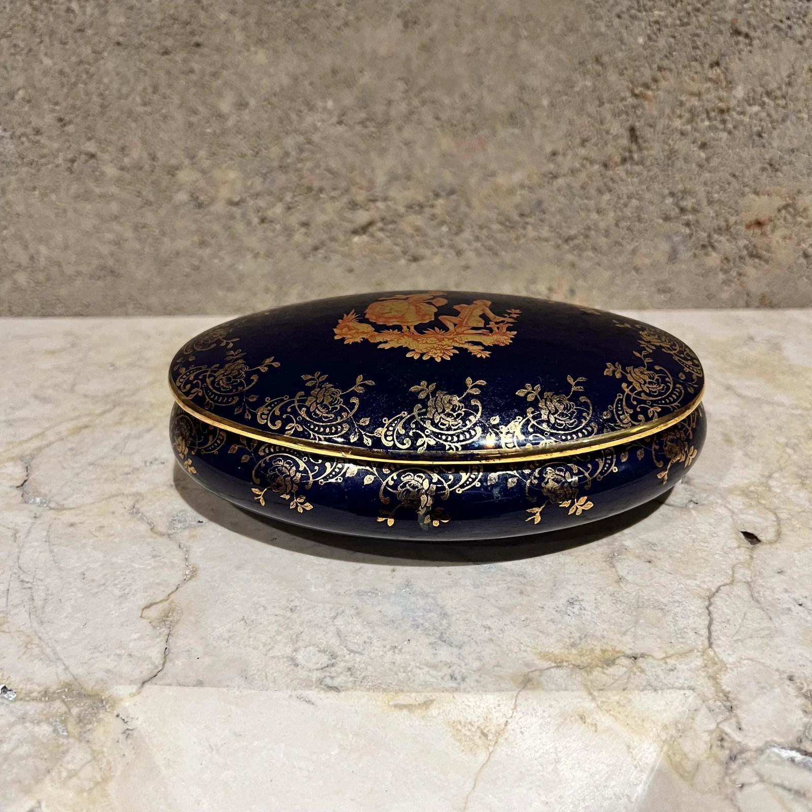 1950s Limoges Cobalt Blue Gold Porcelain Oval Dish France - 2