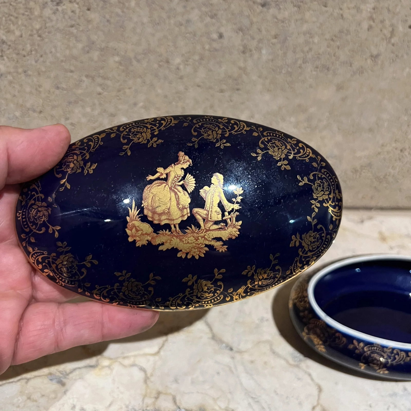 1950s Limoges Cobalt Blue Gold Porcelain Oval Dish France - 4