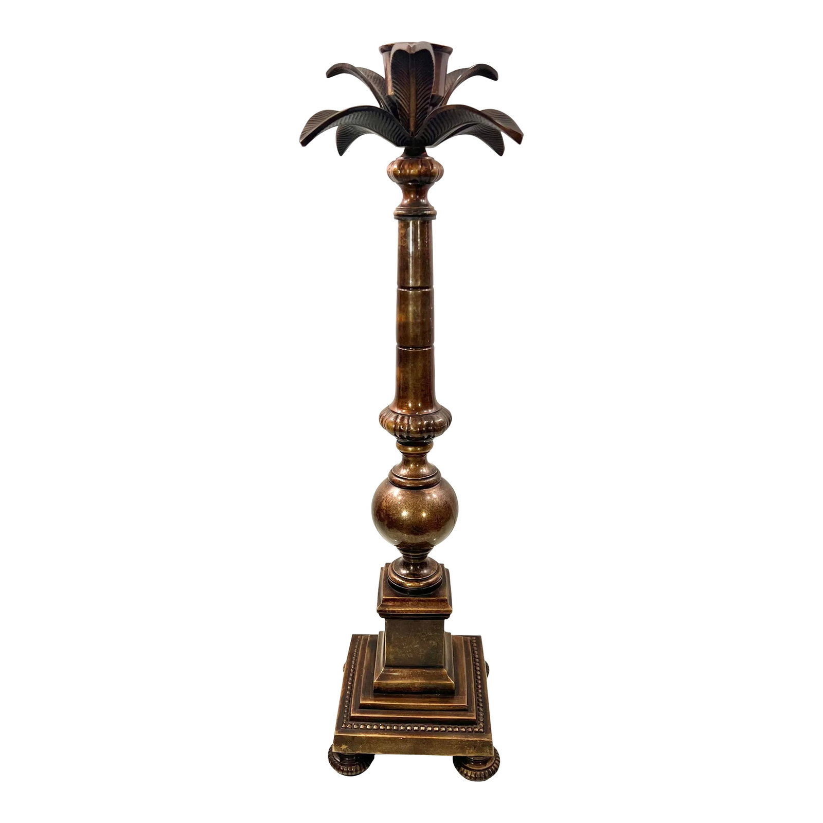 Vintage LPatinated Brass Palm Tree Candlestick Holder: Introducing this exquisite Vintage Palm Beach Regency Large Patinated Brass Palm Tree Column Candlestick Holder! This stunning piece features a square graduated footed base that rises to a