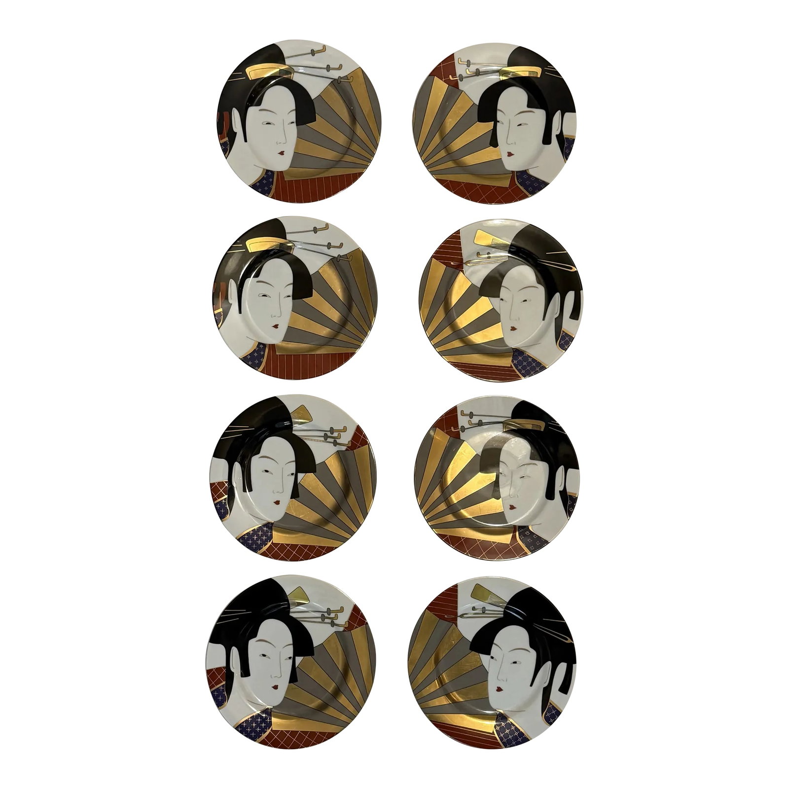Vintage 1980s Fitz and Floyd Geisha Collection Salad Plates - Set of 8: Elevate your dining experience with this exquisite set of eight vintage 1980s Fitz and Floyd Geisha Collection salad plates. Each plate features stunning, hand-painted designs, making them a beautiful