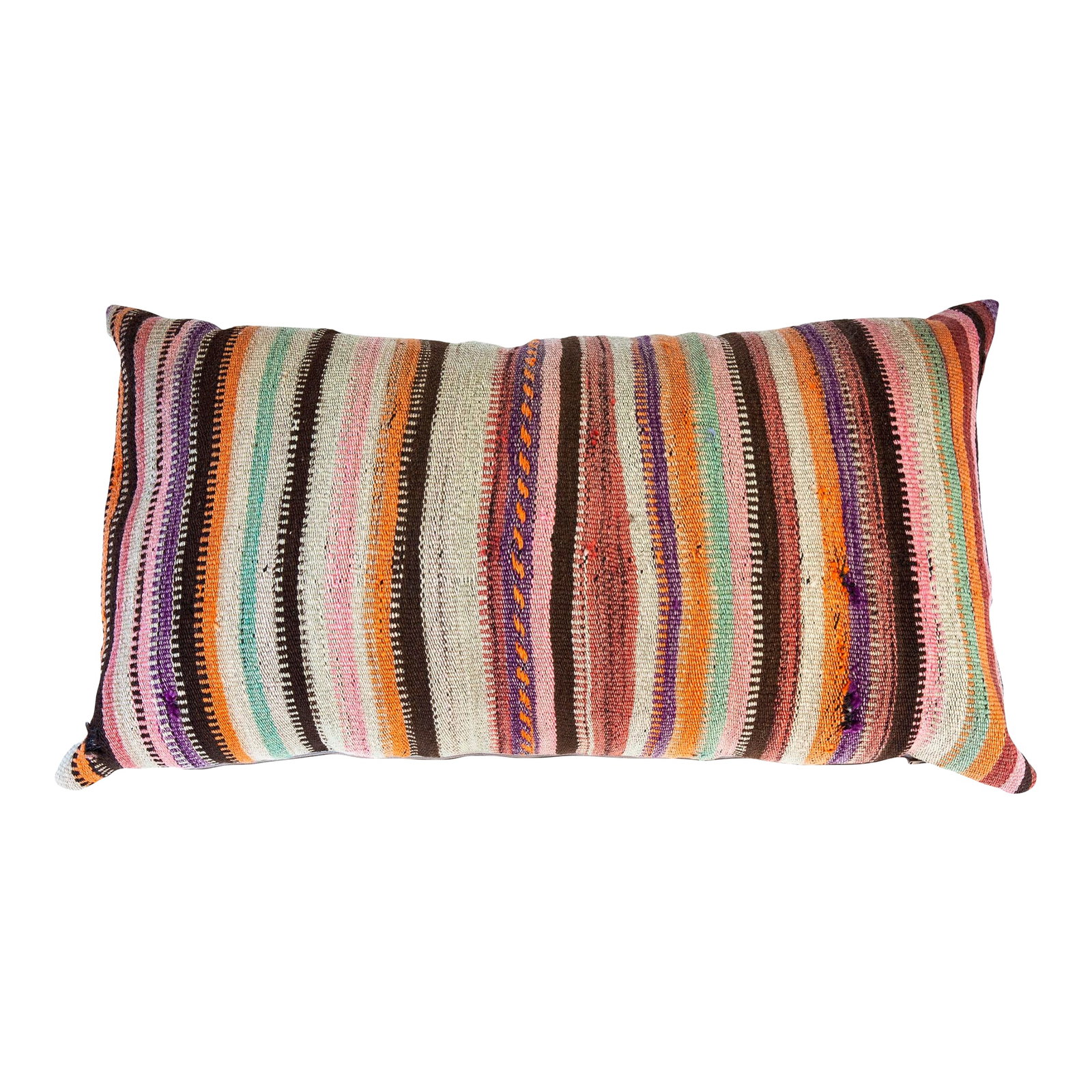Large Antique Turkish Kilim Pillow: Large Antique Turkish Kilim Throw Pillow. Faded Vegetable Dye Woven Striped Material. Condition: Alterations: Original Design Modified Imperfections: Some Imperfections Condition Notes: Good Overall