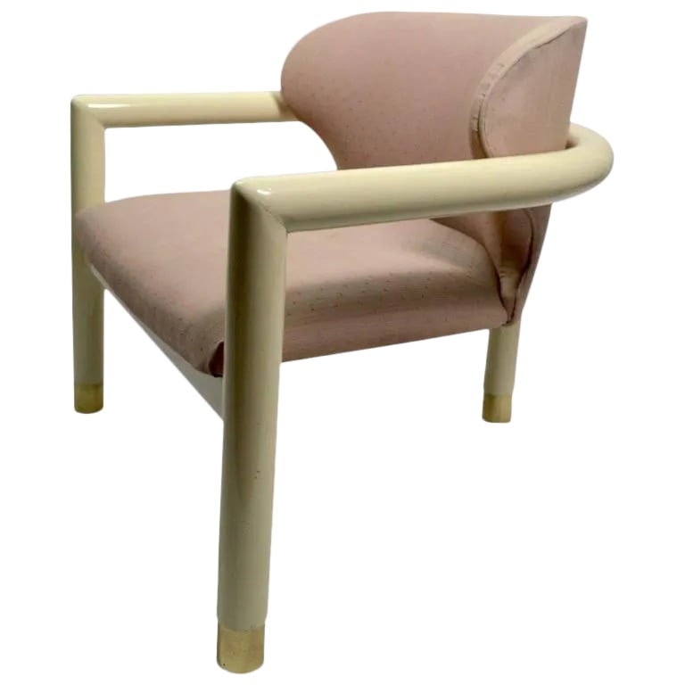 Low Slung Lounge Chair by Century Furniture Company: Great Art Deco Revival low slung lounge chair with cream lacquer frame, brass feet, and upholstered seat and back. The chair is in very good condition, showing only light cosmetic wear, normal and