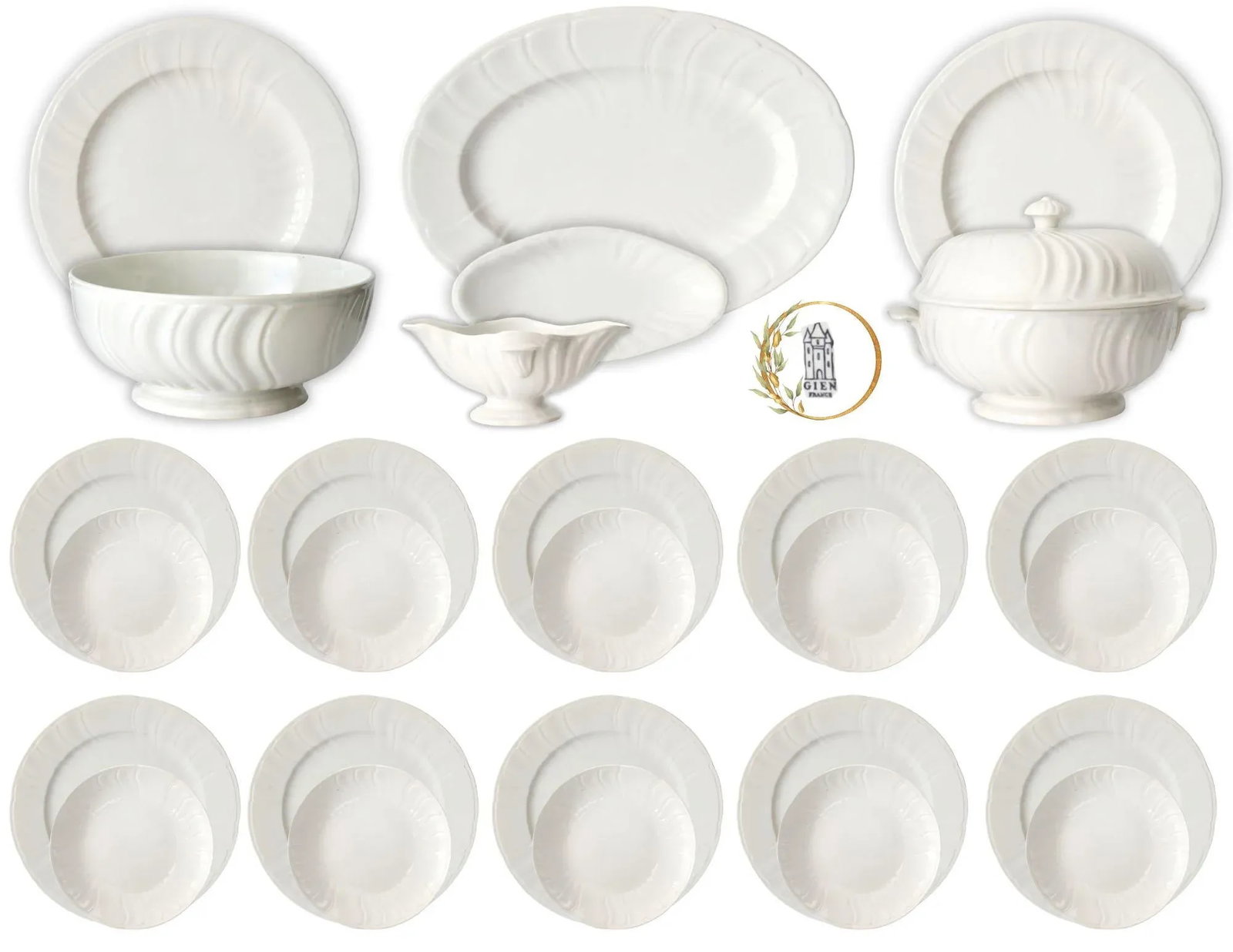 French Gien White Porcelain Dinner Set | Service for 10 - 8