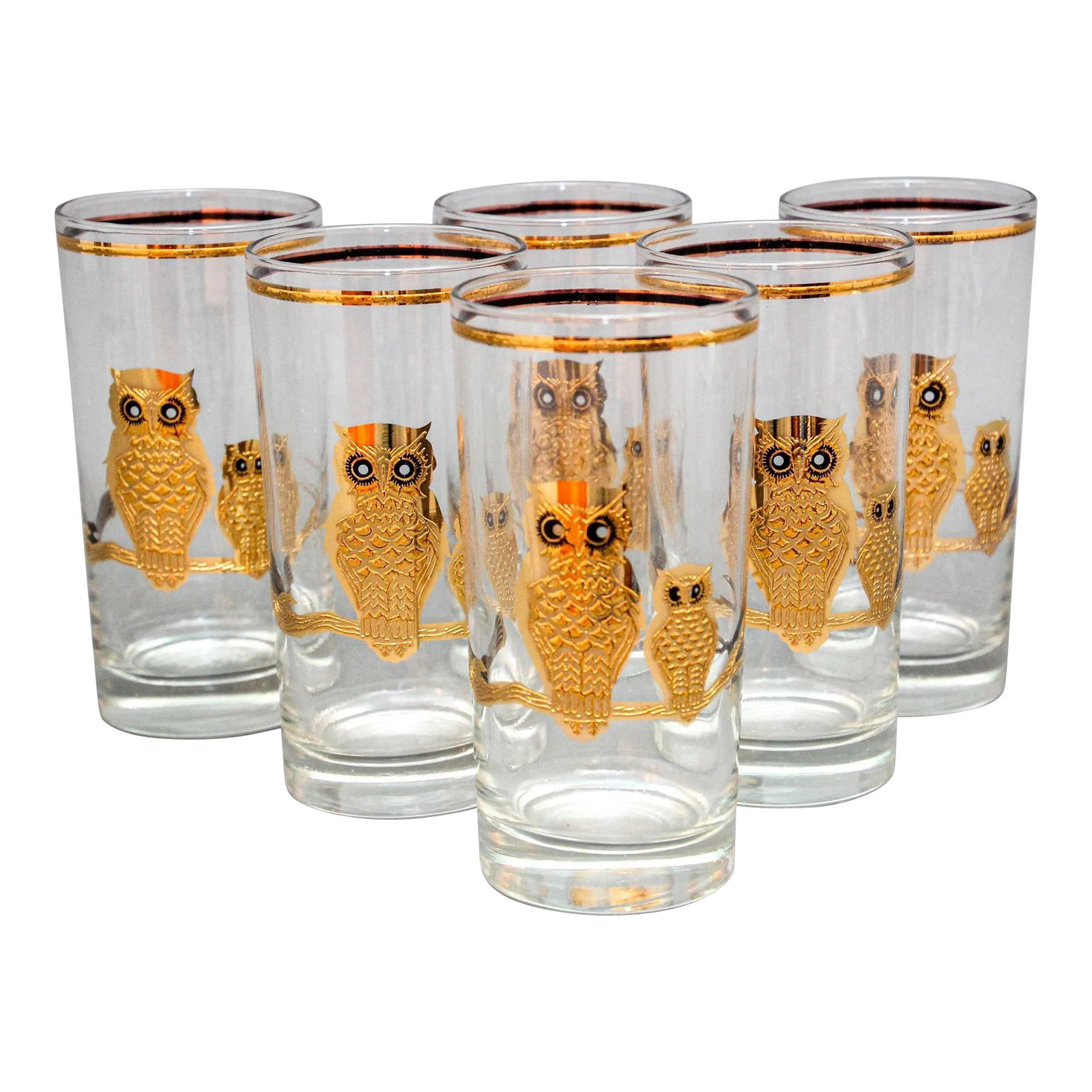 Culver Ltd Highball Barware Glasses 22k Gold Owls Hollywood Regency 1950s Signed: Vintage Culver Ltd Highball Drinking Glasses with 22K Gold Owls, Set of 6 Circa 1950's. This set of 6 vintage Culver highball tall glasses is a true gems from the mid-century era, these glasses