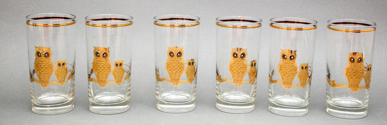Culver Ltd Highball Barware Glasses 22k Gold Owls Hollywood Regency 1950s Signed - 2