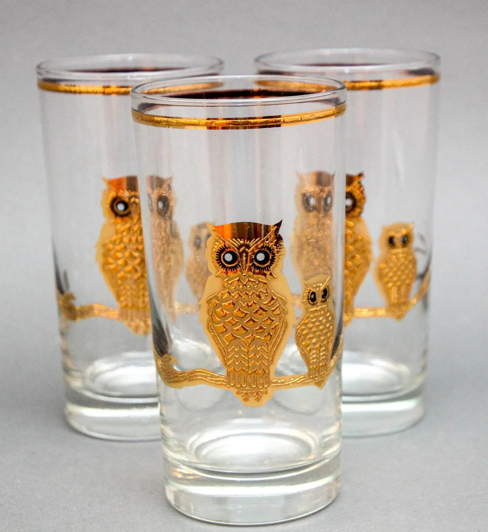 Culver Ltd Highball Barware Glasses 22k Gold Owls Hollywood Regency 1950s Signed - 3