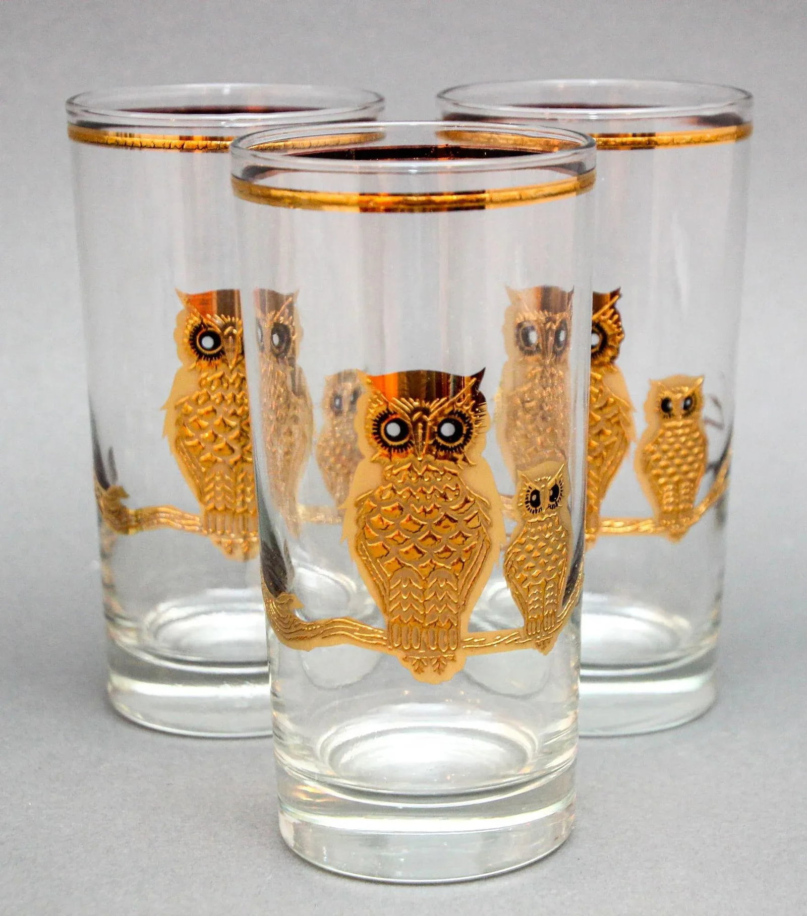 Culver Ltd Highball Barware Glasses 22k Gold Owls Hollywood Regency 1950s Signed - 4