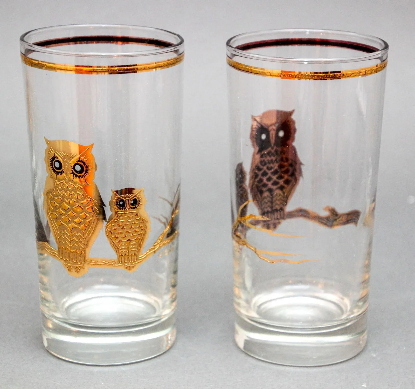 Culver Ltd Highball Barware Glasses 22k Gold Owls Hollywood Regency 1950s Signed - 7