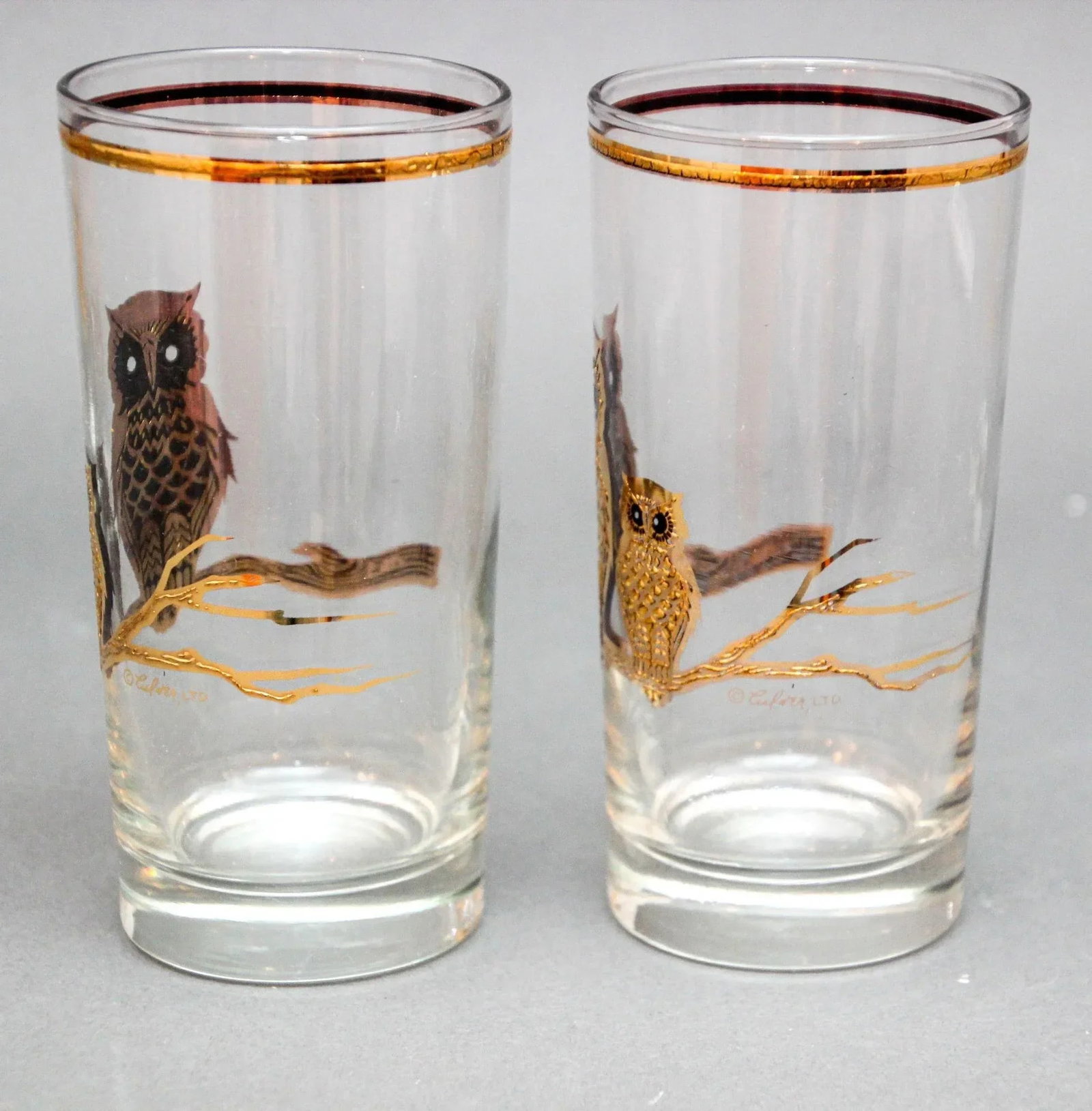 Culver Ltd Highball Barware Glasses 22k Gold Owls Hollywood Regency 1950s Signed - 8