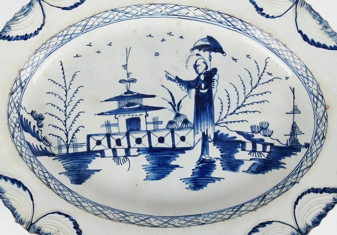 Pottery Shell Edge Pearlware Oval Dish With Chinoiserie Decoration - 4