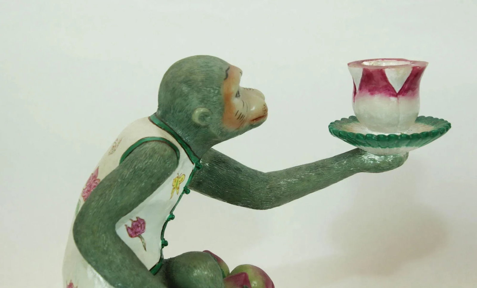 Chinoiserie Monkey Figurine Resin Candle Holders Green and Pink a Pair - 10