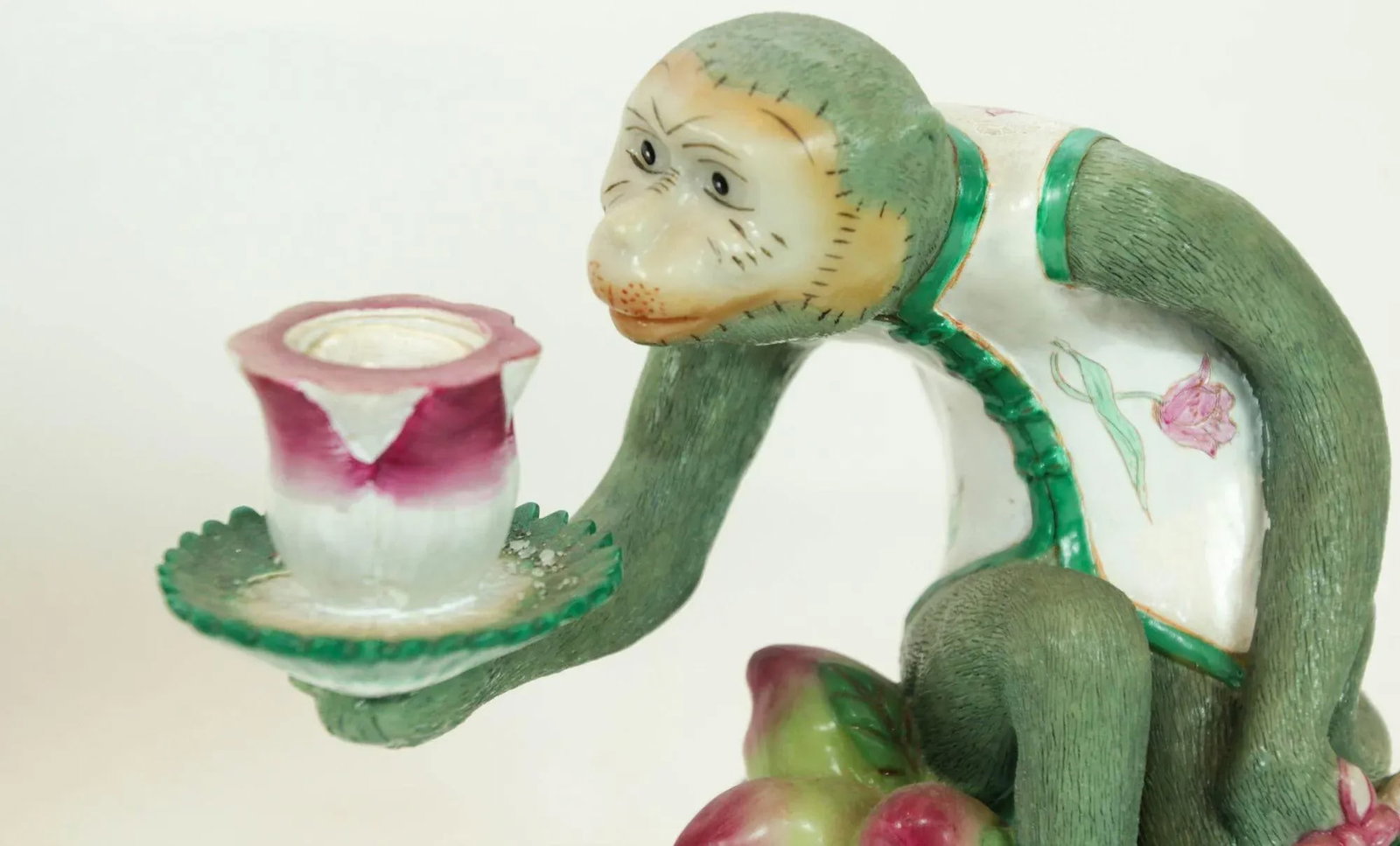 Chinoiserie Monkey Figurine Resin Candle Holders Green and Pink a Pair - 11
