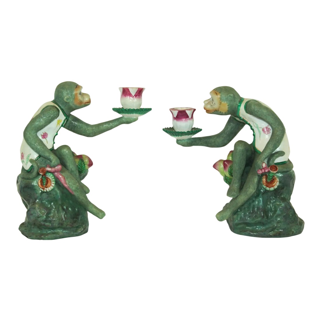 Chinoiserie Monkey Figurine Resin Candle Holders Green and Pink a Pair: Vintage monkey decor, Majolica Italian ceramic style monkeys candle holders set of two. Vintage Chinoiserie monkey figurine candle holders in pink, green and cream colors, both Monkeys are holding a l