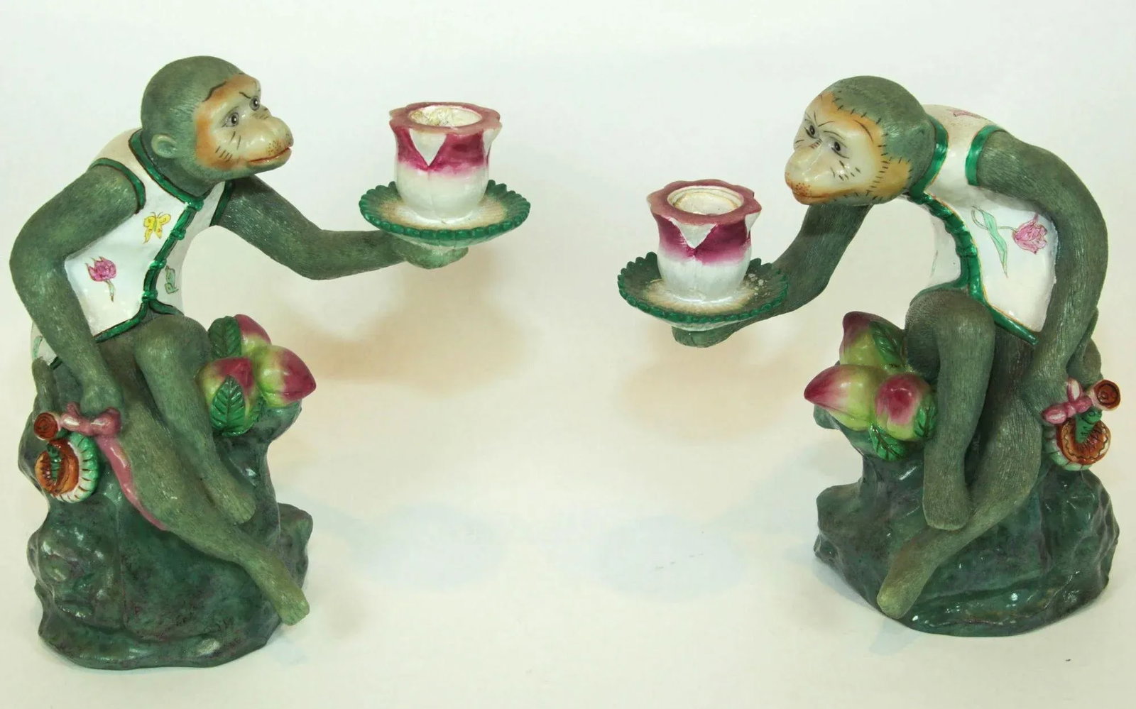 Chinoiserie Monkey Figurine Resin Candle Holders Green and Pink a Pair - 2
