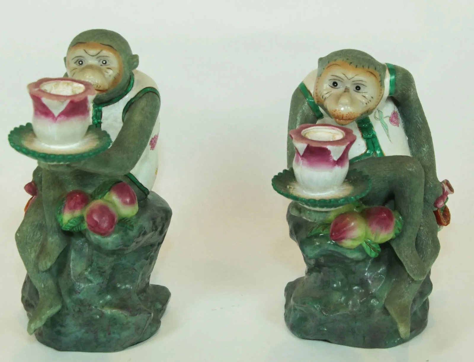 Chinoiserie Monkey Figurine Resin Candle Holders Green and Pink a Pair - 3