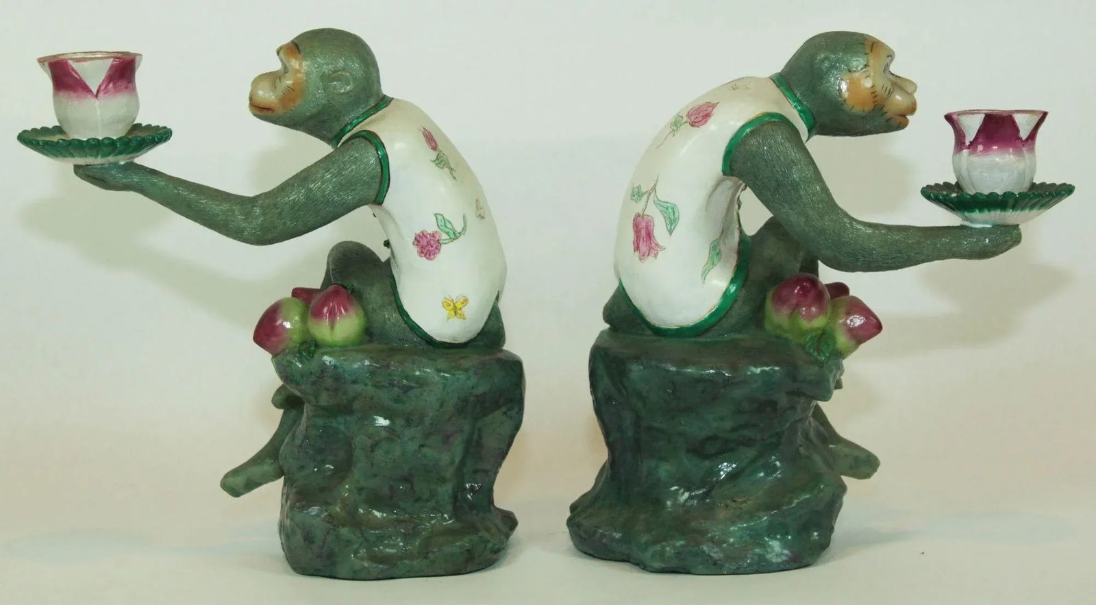 Chinoiserie Monkey Figurine Resin Candle Holders Green and Pink a Pair - 4